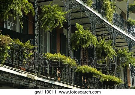 Stock Image - Low angle view of hanging baskets on a building, New Orleans, Louisiana, USA. Fotosearch