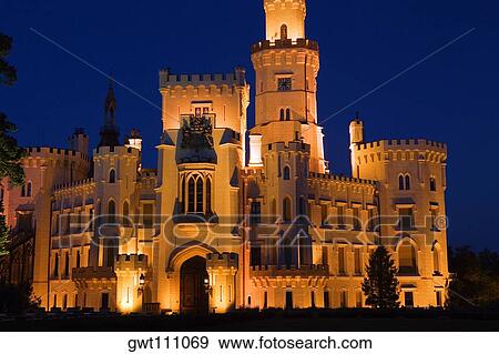 Building lit up at night, Czech Republic View Large Photo Image Stock Photo - Building lit up at night, Czech Republic. Fotosearch