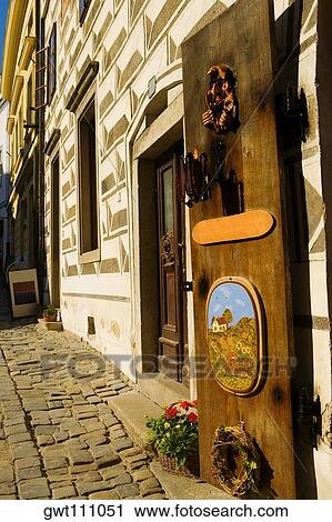 Stock Image - Wicker basket in front of a building, Czech Republic. Fotosearch