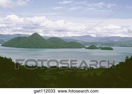 Stock Image - High angle view of a lake, Lake Toya, Hokkaido, Japan. Fotosearch