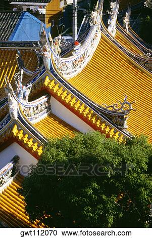 Stock Image - High angle view of the rooftop of a temple, Confucian Temple, Nagasaki, Japan. Fotosearch