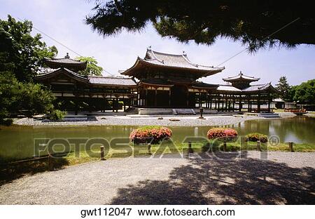 Stock Photo - Pond in front of a Buddhist temple, Byodoin Temple, Uji, Japan. Fotosearch