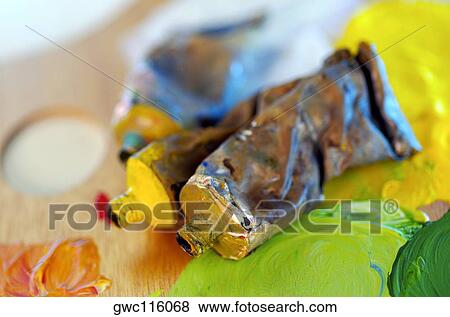High angle view of three paint tubes on a palette View Large Photo Image Stock Photo - High angle view of three paint tubes on a palette. Fotosearch