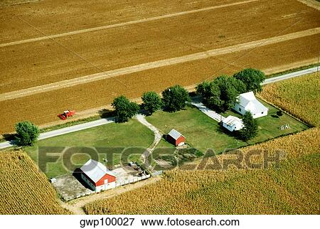 Stock Photo - Aerial view of farms at harvest time in Clinton county, OH. Fotosearch