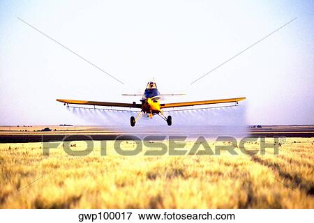Stock Photo - Plane spraying pesticide barley field in Colorado. Fotosearch