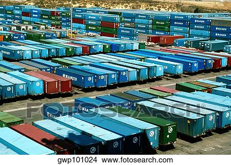 Hanjin Shipping Co. containers waiting to be loaded for shipping View Large Photo Image Picture - Hanjin Shipping Co. containers waiting to be loaded for shipping. Fotosearch
