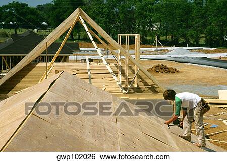 Carpenter putting roof for new home View Large Photo Image Stock Photograph - Carpenter putting roof for new home. Fotosearch