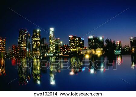 Los Angeles skylines at night, CA View Large Photo Image Picture - Los Angeles skylines at night, CA. Fotosearch