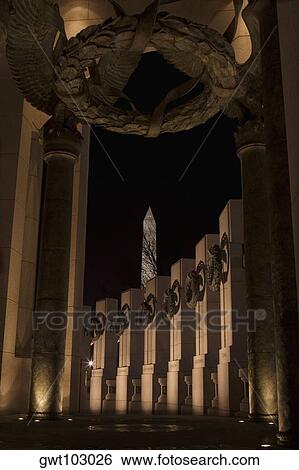 Low angle view of a memorial lit up at night, World War II, Washington DC, USA View Large Photo Image Stock Photograph - Low angle view of a memorial lit up at night, World War II, Washington DC, USA. Fotosearch