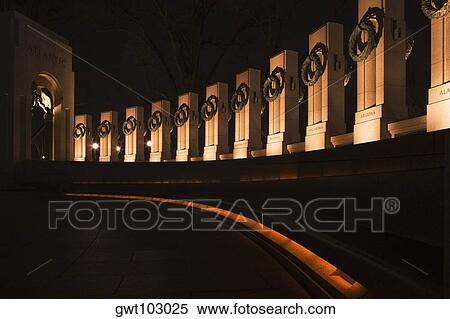 Memorial lit up at night, World War II, Washington DC, USA View Large Photo Image Stock Photography - Memorial lit up at night, World War II, Washington DC, USA. Fotosearch