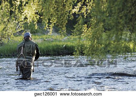 Rear view of a man fishing in the river View Large Photo Image Stock Image - Rear view of a man fishing in the river. Fotosearch