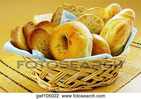Stock Image - Close-up of a bun and slices of bread in a basket. Fotosearch