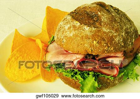 Stock Photo - Close-up of a roast beef burger in a plate. Fotosearch