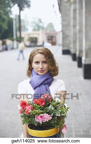 Portrait of a young woman holding a potted plant View Large Photo Image Stock Photography - Portrait of a young woman holding a potted plant. Fotosearch