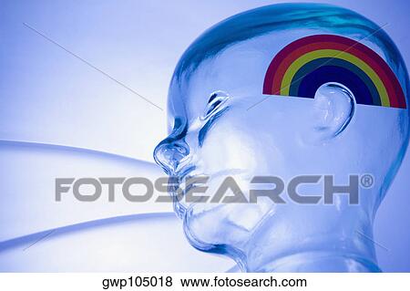 Stock Photo - Low angle view of a transparent statue with a gay pride symbol on it. Fotosearch