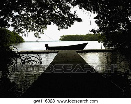 Stock Photo - Motorboat moored at a pier. Fotosearch