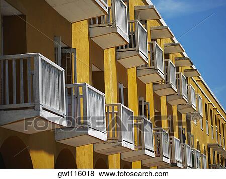 Row of balconies in a building, Cartagena, Colombia View Large Photo Image Stock Photo - Row of balconies in a building, Cartagena, Colombia. Fotosearch