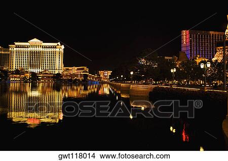 Picture - Buildings at the waterfront lit up at night, Las Vegas, Nevada, USA. Fotosearch