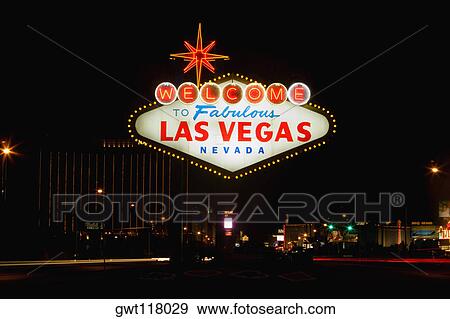 Stock Photo - Welcome sign lit up at night, Las Vegas, Nevada, USA. Fotosearch