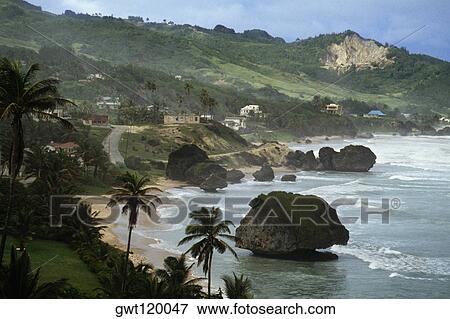 Stock Photo - High angle view of big rocks at the East Coast of Barbados, Caribbean. Fotosearch