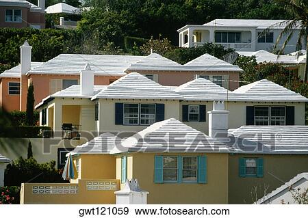 Front view of houses with white roofs, Bermuda View Large Photo Image Stock Photo - Front view of houses with white roofs, Bermuda. Fotosearch