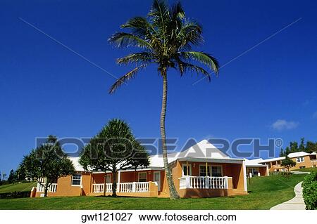 Stock Photo - Side view of buildings with white rooftops, Bermuda. Fotosearch