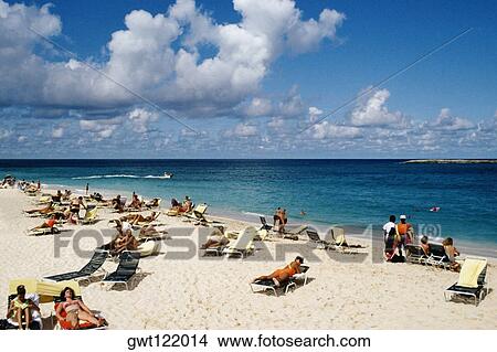 Large group of tourists sunbathing on a beach, Paradise Island, Bahamas View Large Photo Image Picture - Large group of tourists sunbathing on a beach, Paradise Island, Bahamas. Fotosearch