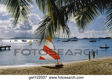 Sailboats seen in the sea from a beach, Virgin Island View Large Photo Image Stock Photo - Sailboats seen in the sea from a beach, Virgin Island. Fotosearch