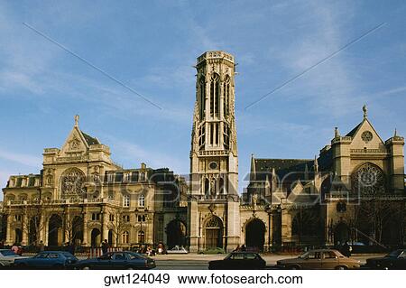 Stock Photo - Front view of a huge church, Paris, France. Fotosearch