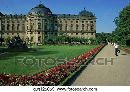 Stock Photo - Garden in front of a building, Wuerzburg, Germany. Fotosearch