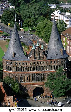 Stock Photography - High angle view of a building, Holsten Gate, Lubeck, Schleswig-Holstein, Germany. Fotosearch