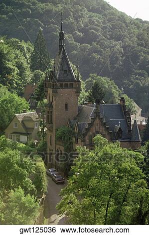 Stock Photograph - High angle view of a castle surrounded by trees, Heidelberg, Germany. Fotosearch