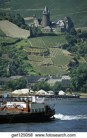 Stock Photo - Low angle view of a castle on a hill, Reichenstein Castle, Rhineland-Palatinate, Rhine River, Germany. Fotosearch