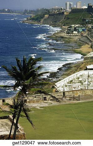 Stock Photo - High angle view of El Morro Fort along a coastline, San Juan, Puerto rico. Fotosearch