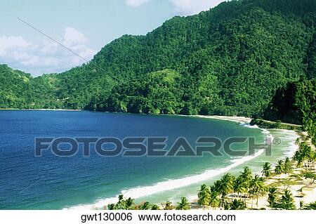 Stock Photograph - Aerial view of a scenic beach on a sunny day, Trinidad. Fotosearch