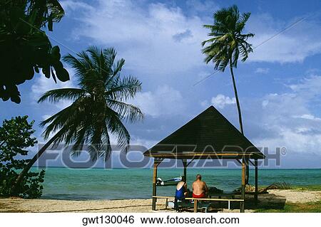 Stock Photograph - Rear view of two people in a picnic shelter, Pigeon Point, Tobago, Caribbean. Fotosearch