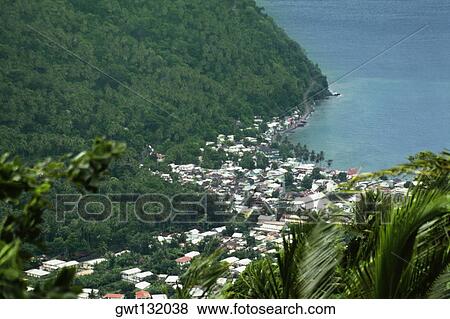 Stock Photo - Aerial view of a harbor in St. Lucia, Caribbean. Fotosearch