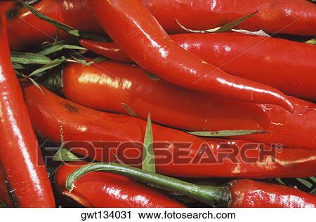 Stock Image - Close-up of red chilli peppers, Bali, Indonesia. Fotosearch