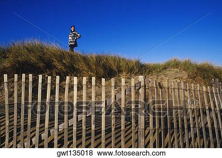 Low angle view of a woman standing on top of a hill, Cape Cod, Massachusetts, USA View Large Photo Image Stock Photo - Low angle view of a woman standing on top of a hill, Cape Cod, Massachusetts, USA . Fotosearch
