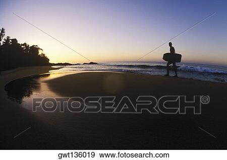 Stock Photo - Silhouette of a person carrying a surfboard on the beach, Caribbean. Fotosearch