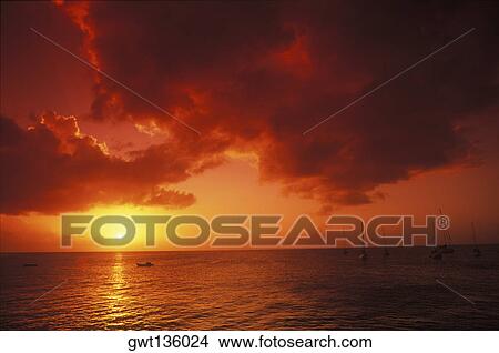 Sunset over the sea, Caribbean View Large Photo Image Picture - Sunset over the sea, Caribbean. Fotosearch