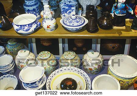 Close-up of crockery in a market stall, China View Large Photo Image Stock Image - Close-up of crockery in a market stall, China. Fotosearch