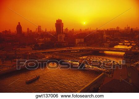 Stock Photograph - High angle view of bridges across a river, Huangpu river, Shanghai, China. Fotosearch