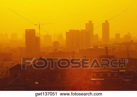 Stock Image - High angle view of buildings in a city, China. Fotosearch