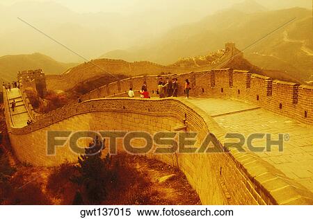 High angle view of tourists on a surrounding wall, Great Wall Of China, China View Large Photo Image Stock Photography - High angle view of tourists on a surrounding wall, Great Wall Of China, China. Fotosearch