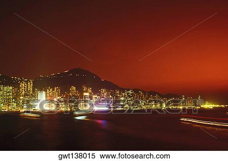 City lit up at night, Hong Kong, China View Large Photo Image Stock Photography - City lit up at night, Hong Kong, China. Fotosearch