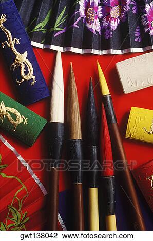 Stock Image - Close-up of brushes and ink, Hong Kong, China. Fotosearch
