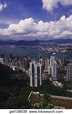 Stock Photo - High angle view of skyscrapers in a city, Hong Kong, China. Fotosearch