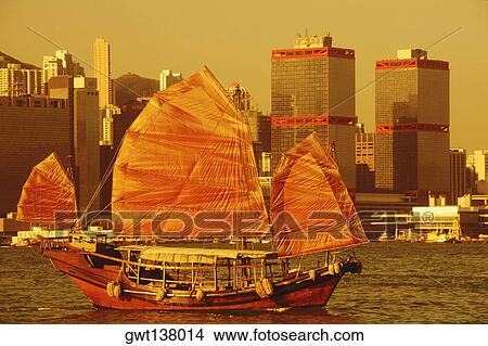 Picture - Sailboat in the sea, Hong Kong, China. Fotosearch