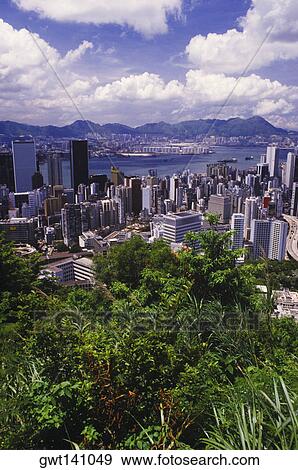 Stock Photo - High angle view of buildings in a city, Hong Kong, China. Fotosearch